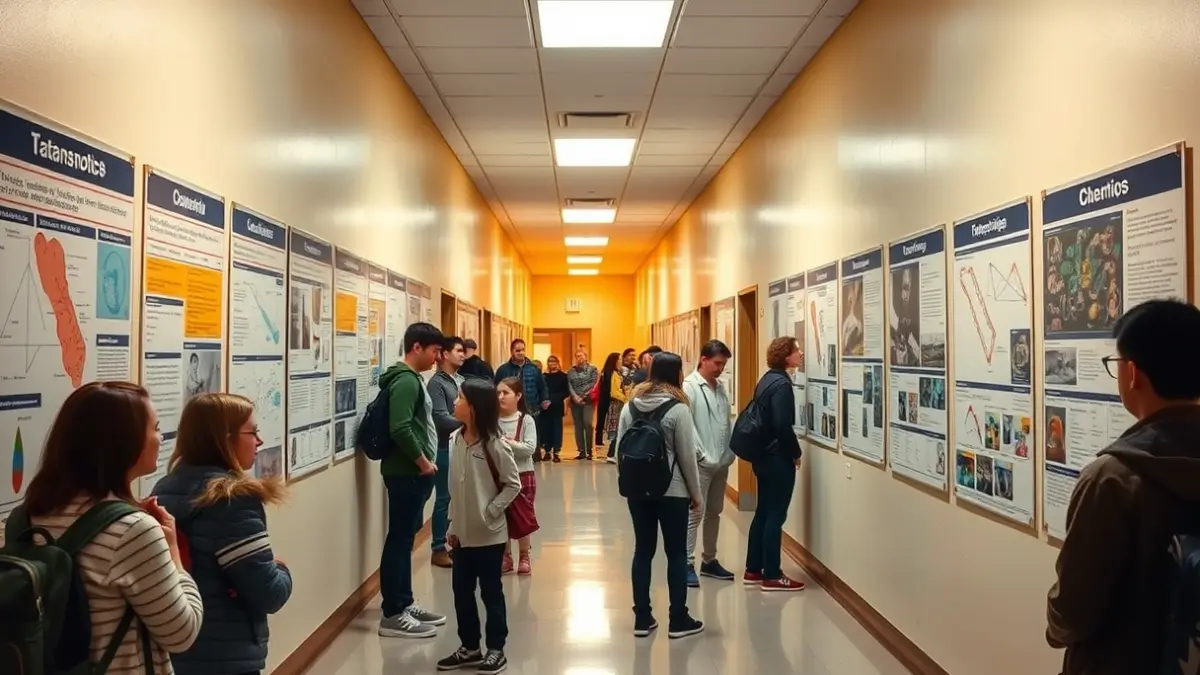 Generic image of a school hallway with scientific posters displayed and students observing them.