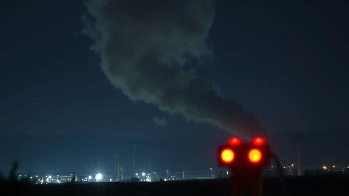 Imagen de una gran columna de humo gris elevándose de una zona industrial durante la noche, con luces de emergencia borrosas en primer plano.