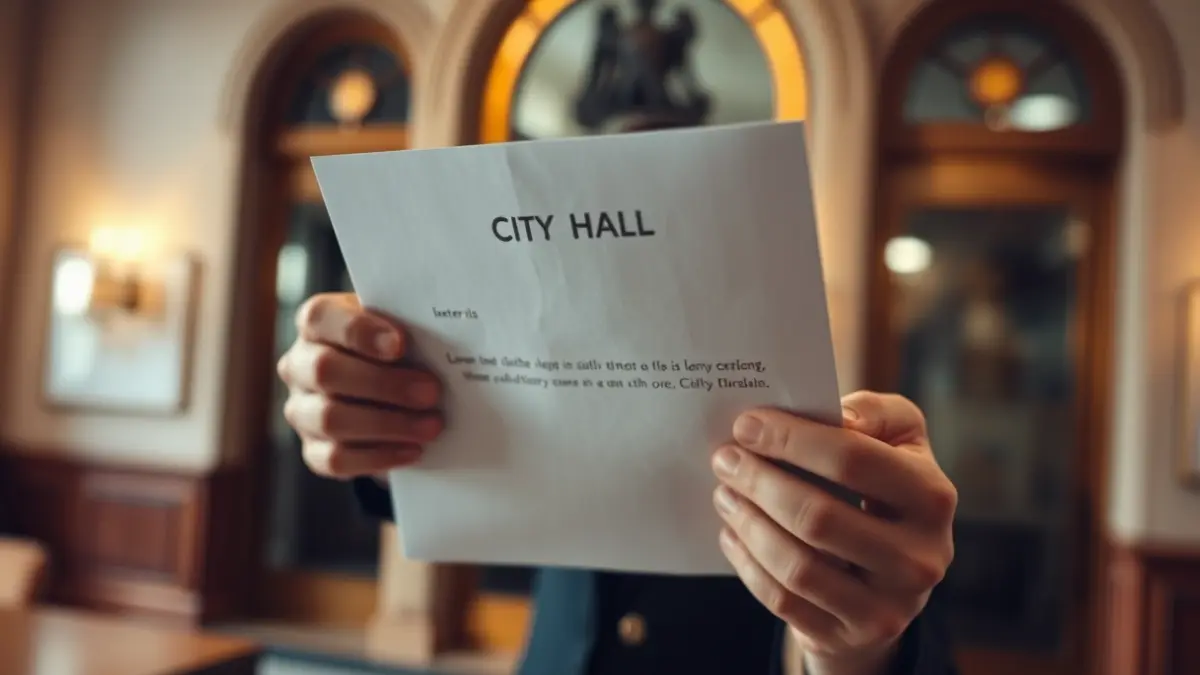 Imatge d'una carta sent sostinguda, amb el fons desenfocat d'una façana d'ajuntament.