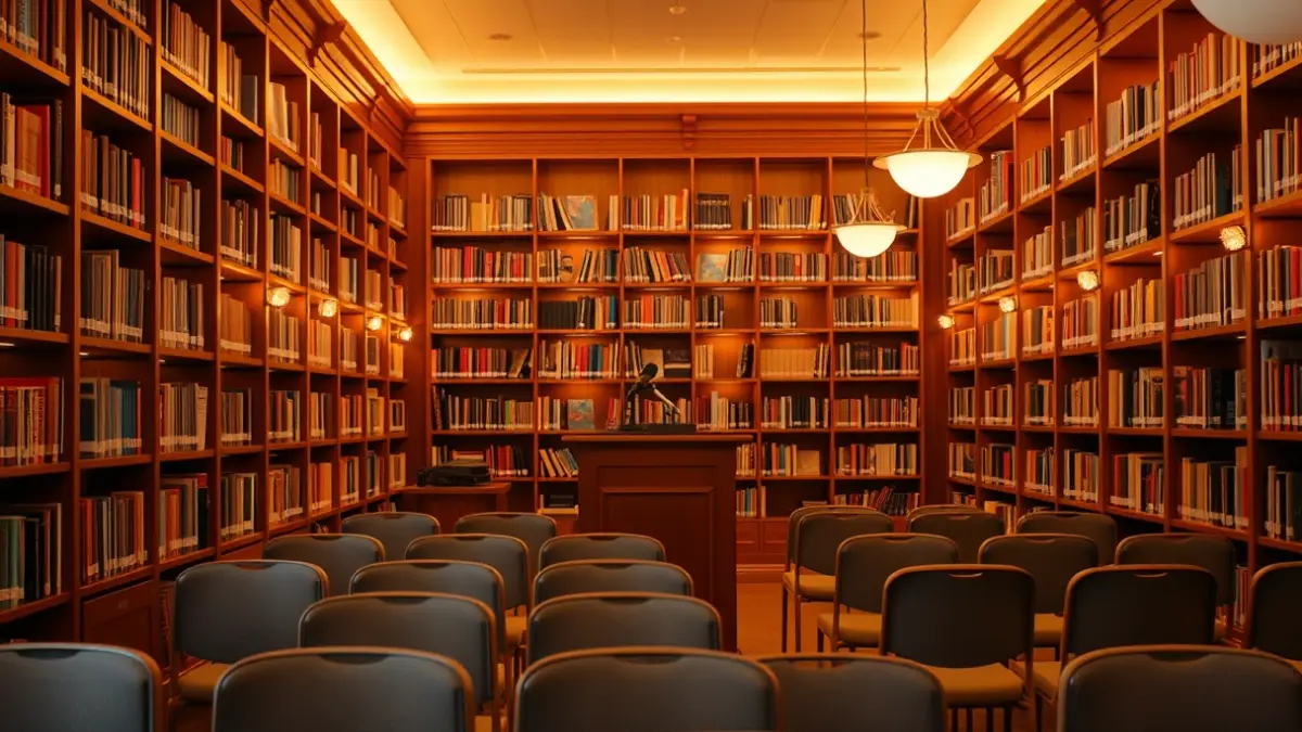 Generic image of a library with wooden bookshelves and a podium with a microphone, with a warm reading atmosphere.