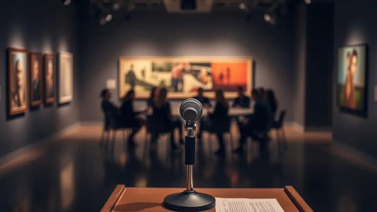 Generic image of a microphone on a podium during a round table discussion.