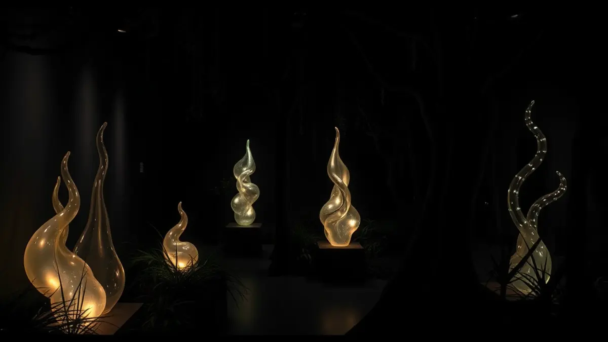 Image of a dark exhibition hall with glass sculptures and vegetation, creating an underground forest atmosphere.