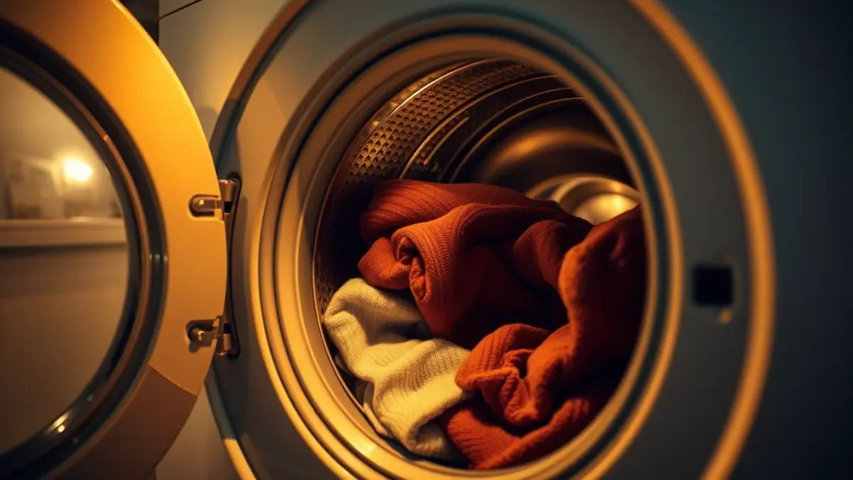 Imatge genèrica d'una llavadora en funcionament de nit, amb la porta oberta i roba a l'interior, il·luminada per una llum càlida.