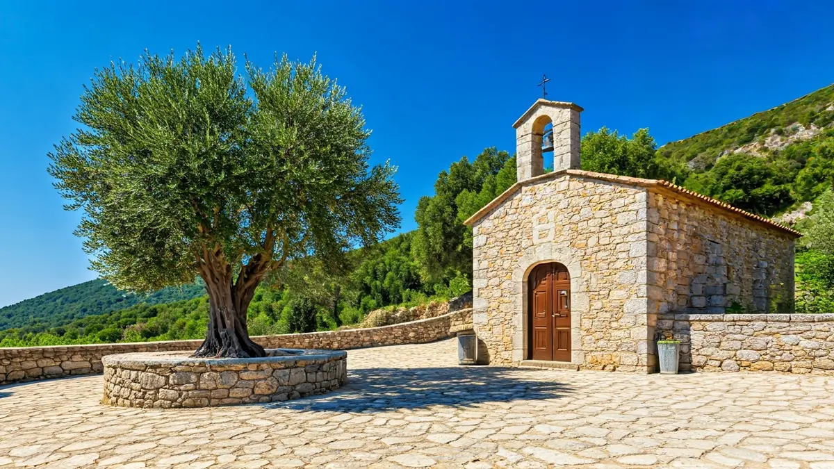 Image of the Sant Vicent hermitage in a natural park, with an ancient olive tree nearby, under a bright Mediterranean sky.
