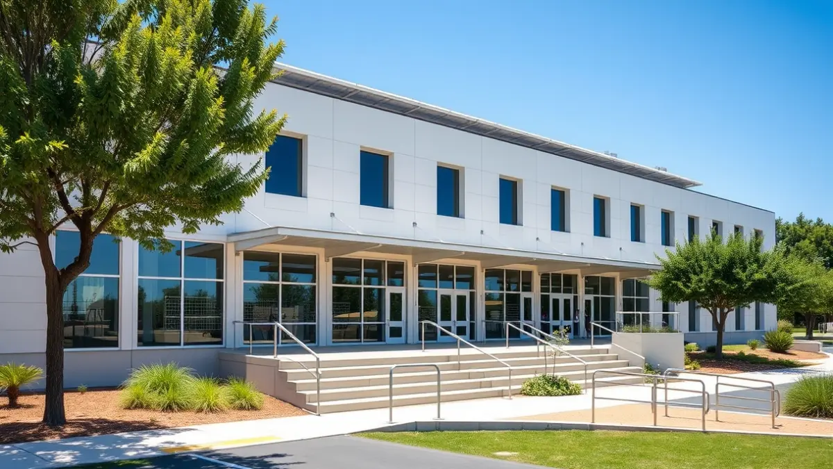 Imatge d'un edifici escolar modernitzat amb panells solars i rampes d'accés, en un entorn mediterrani.