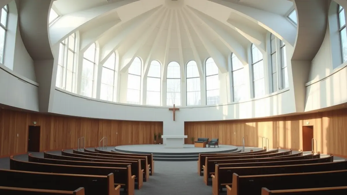 Imagen de una capilla circular moderna con luz natural, bancos vacíos y un altar sencillo.