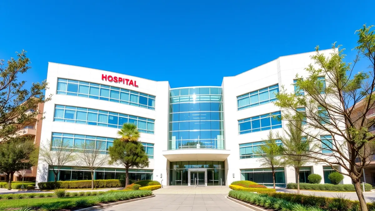 Imatge de la façana d'un hospital modern amb finestres de vidre i paisatgisme verd.