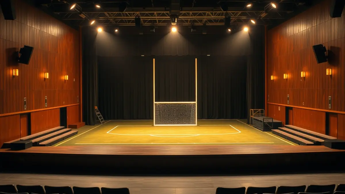 Image of the stage design for the play 'El pati', recreating a school playground with a goalpost and bleachers.