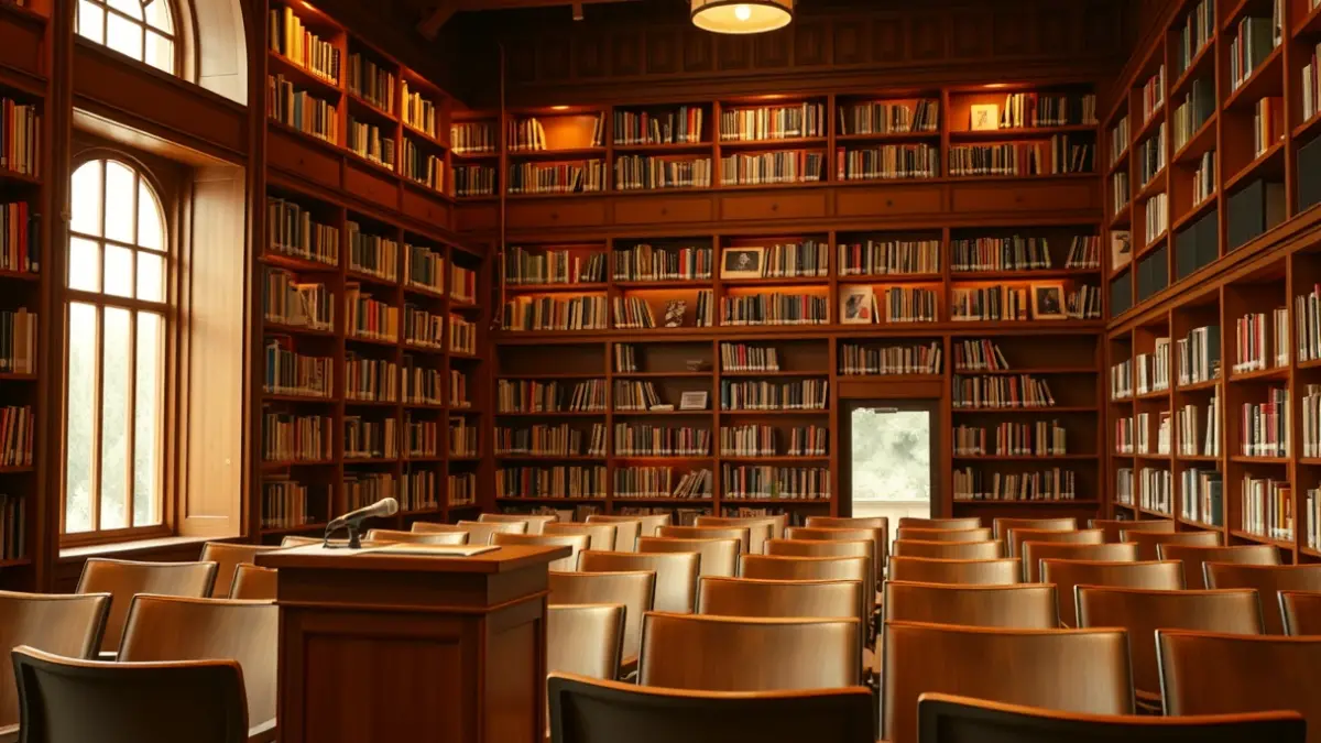 Imatge genèrica d'una biblioteca amb prestatgeries de fusta i un faristol amb micròfon, amb una atmosfera càlida de lectura.