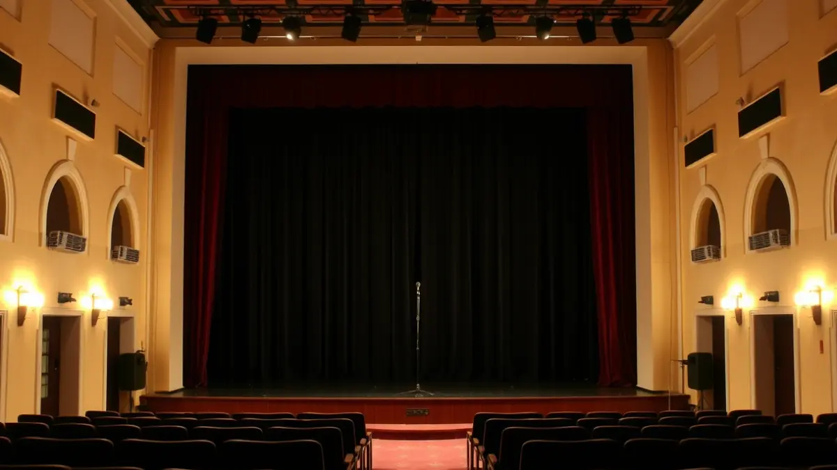 Imagen genérica de un escenario de teatro con un micrófono y asientos vacíos, iluminación dramática.