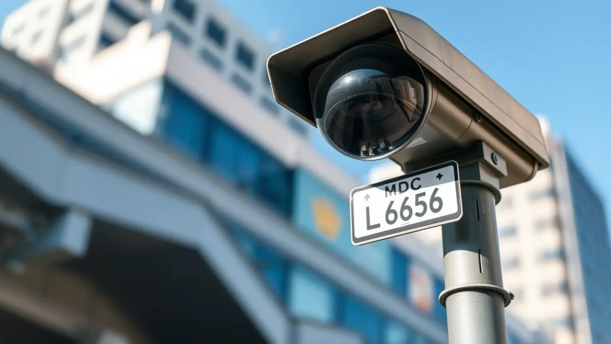 Imatge genèrica d'una càmera de videovigilància de trànsit amb lector de matrícula.