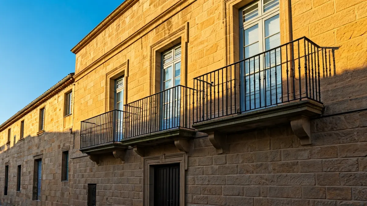Stone town hall facade with balcony and iron railings, with afternoon sunlight