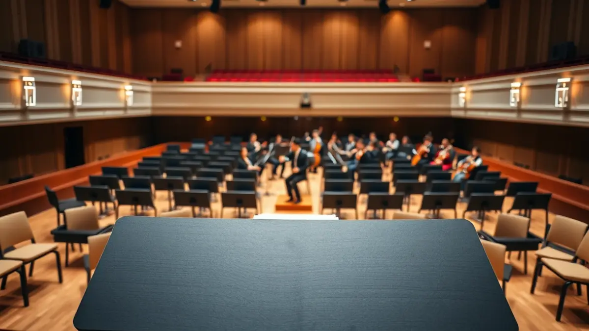 Generic image of an empty orchestra stage with chairs and music stands, soft warm lighting.
