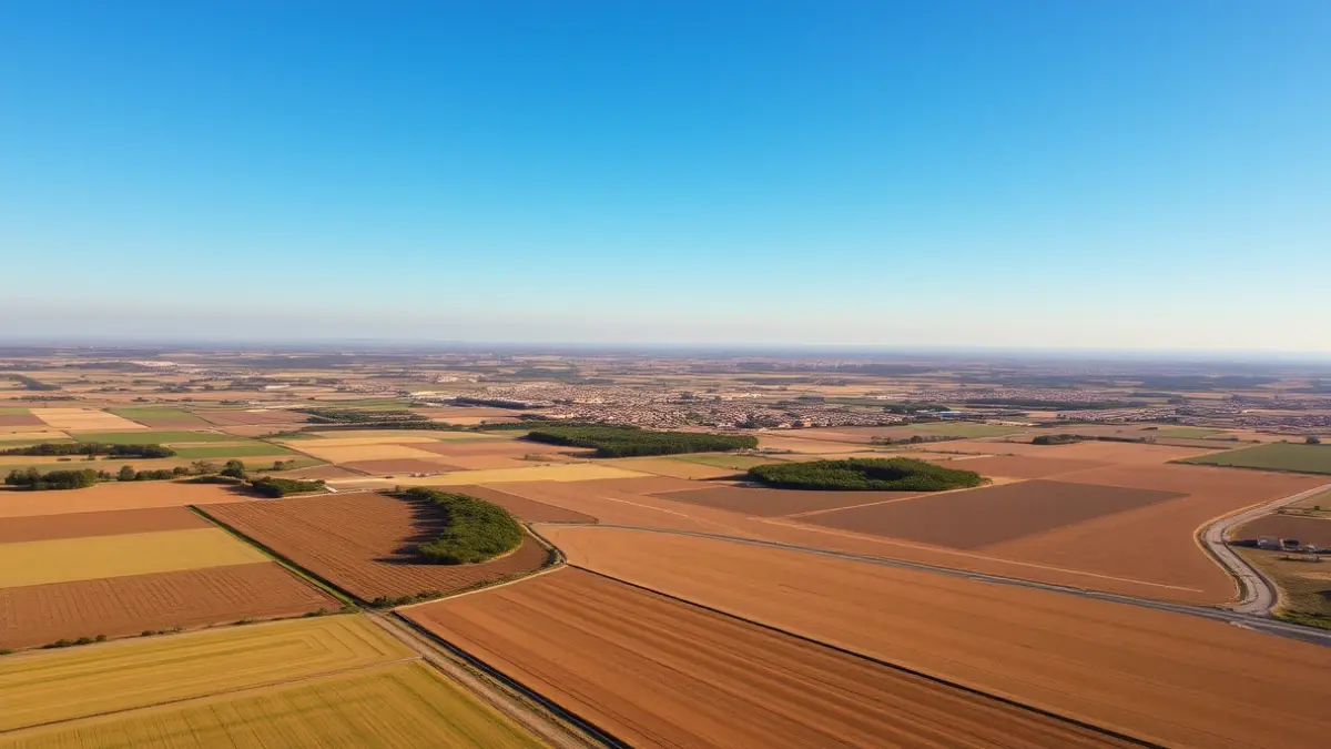 Imagen aérea de un paisaje rural valenciano con campos de cultivo y paneles solares.