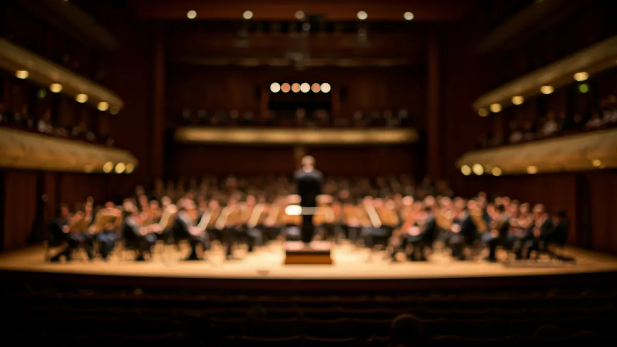 Generic image of an empty concert hall stage, with music stands and soft lighting.