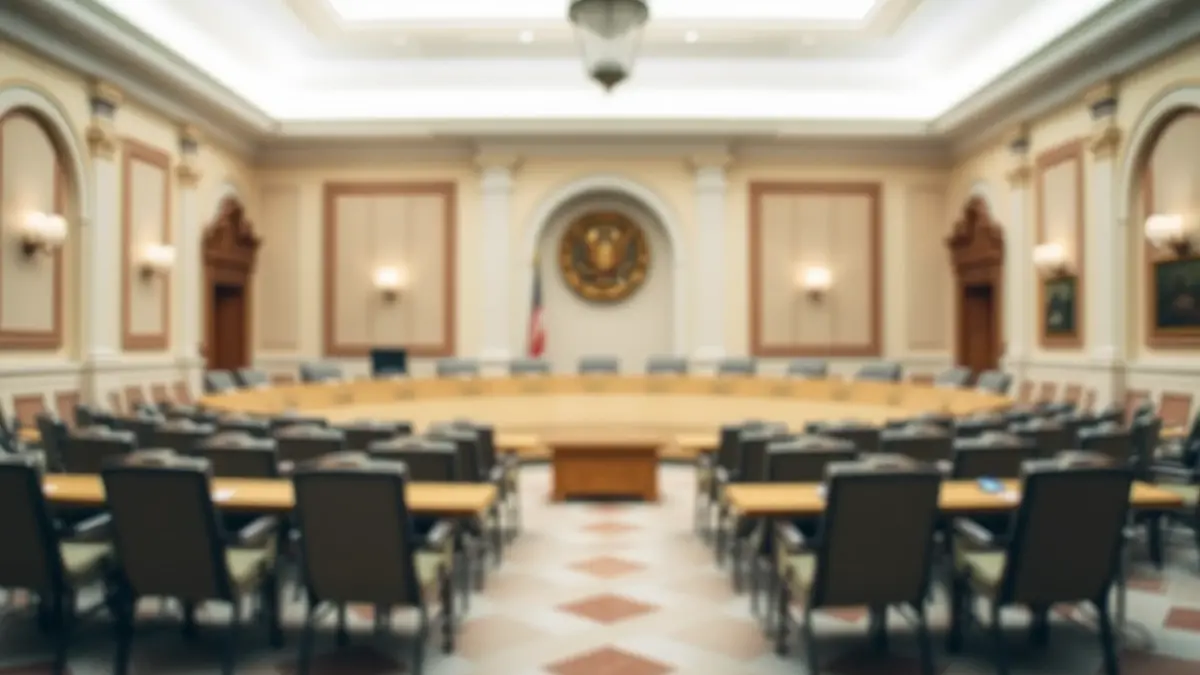 Imatge d'una sala de plens municipal buida, amb cadires i una taula llarga, il·luminació suau, que suggerix un moment de tensió política.