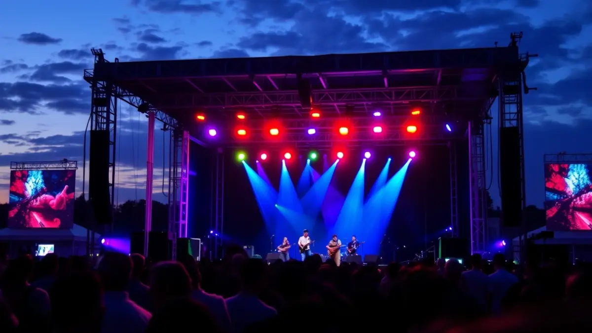 Imagen genérica de un escenario de festival de música al aire libre al anochecer, con luces de colores y una multitud difuminada.