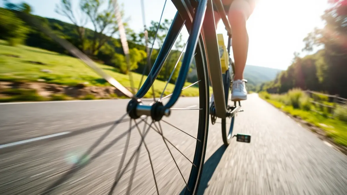 Imatge genèrica d'una roda de bicicleta en moviment, amb un paisatge verd de fons.
