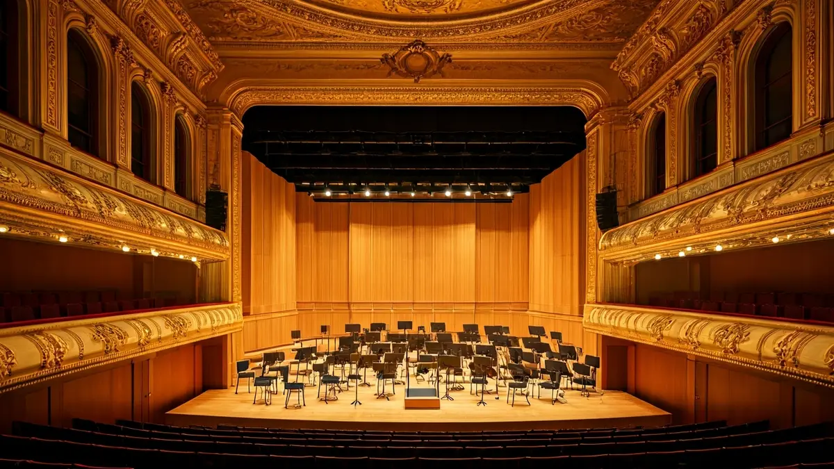 Imatge de la Sala Daurada del Musikverein de Viena, amb la seua decoració ornamentada i l'escenari buit.