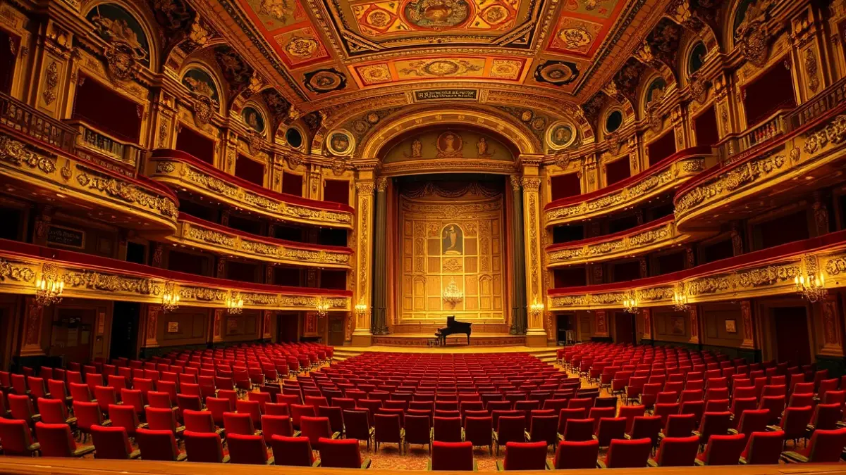 Imagen del interior de una sala de conciertos europea con asientos de terciopelo rojo y un escenario con un piano.