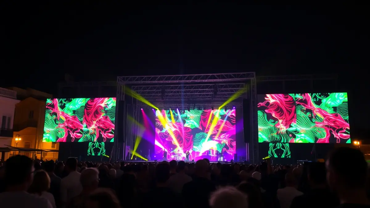Generic image of a concert stage with audiovisual screens and dynamic lights, with a blurred crowd in the foreground.