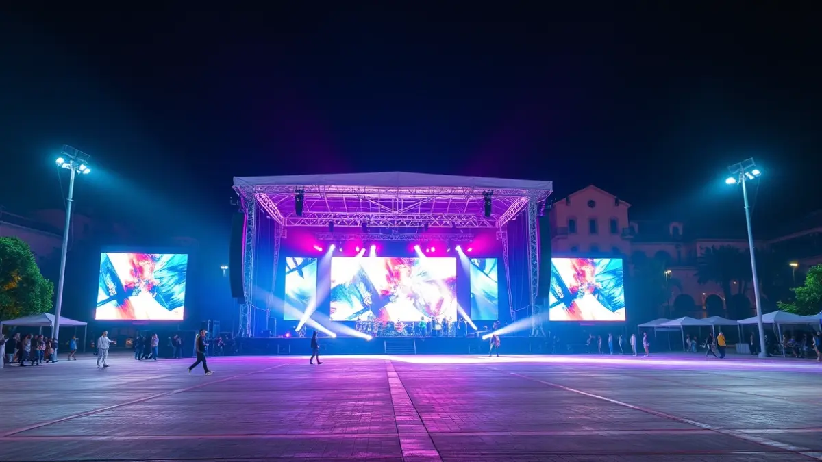 Imatge d'un escenari de concert amb llums i pantalles, en una plaça buida de nit.