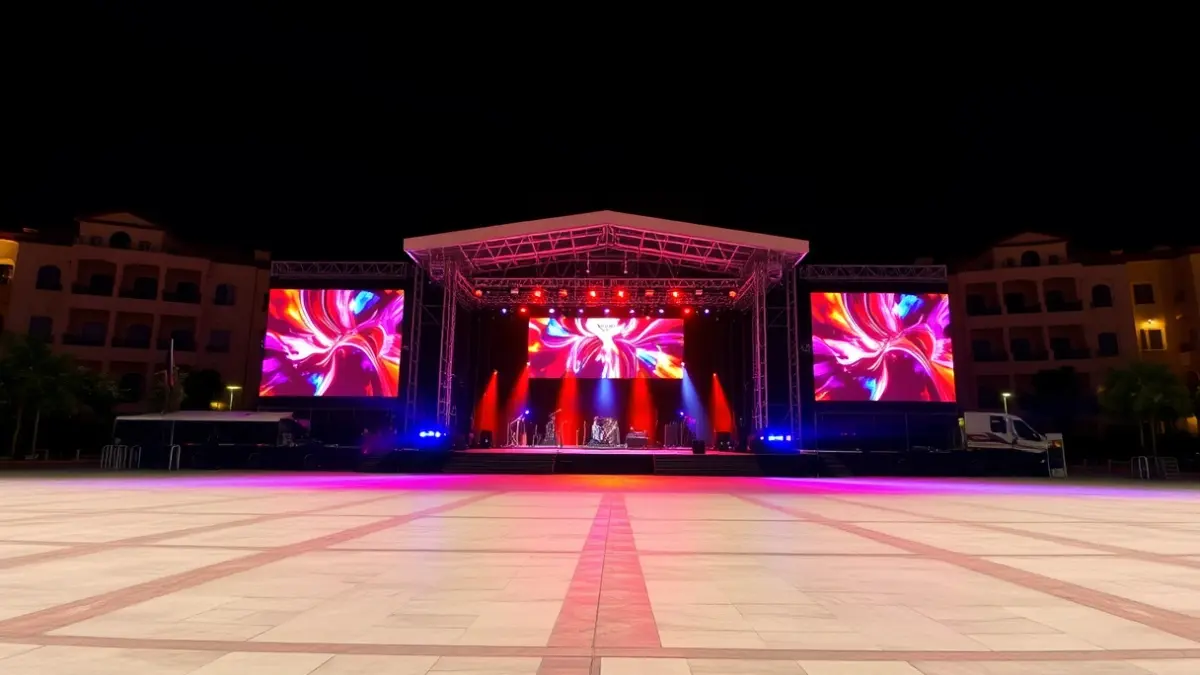 Imatge d'un escenari de concert amb llums dinàmiques i pantalles LED en una plaça buida, amb arquitectura mediterrània de fons, de nit.
