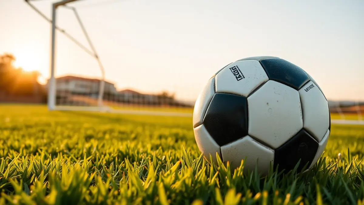 Imatge genèrica d'una pilota de futbol sobre la gespa amb una porteria desenfocada al fons.