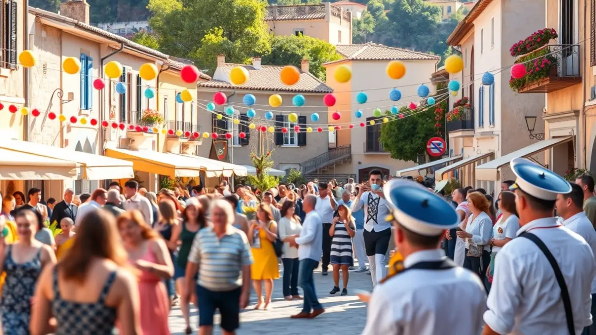 Imagen de una plaza de pueblo mediterránea con gente celebrando una fiesta, música y decoraciones festivas.