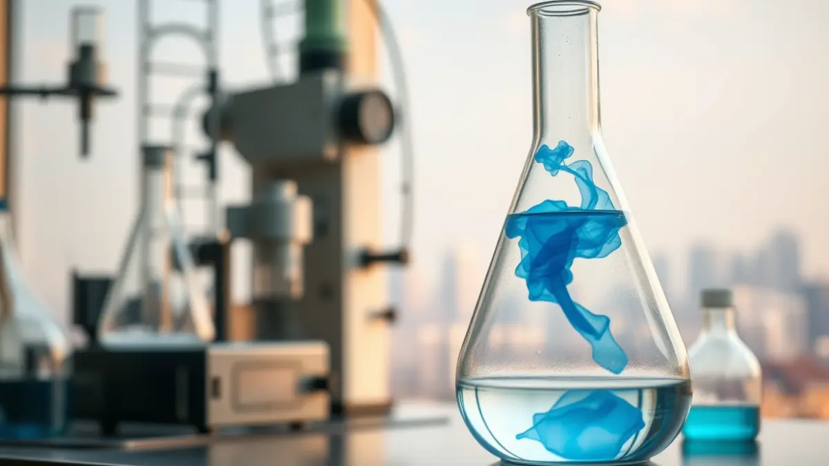 Imatge genèrica d'un laboratori científic amb un flascó de vidre que conté un gas blau, simbolitzant l'ozó, amb un fons urbà boirós.