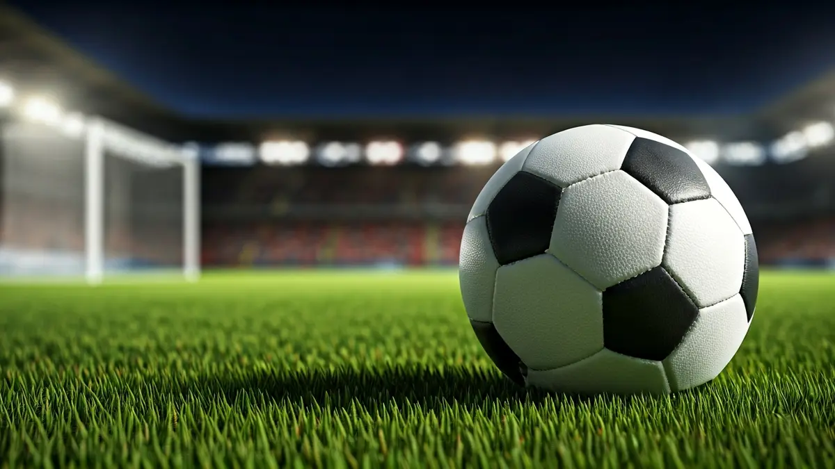 Imatge genèrica d'una pilota de futbol sobre la gespa d'un camp, amb la porteria desenfocada al fons.