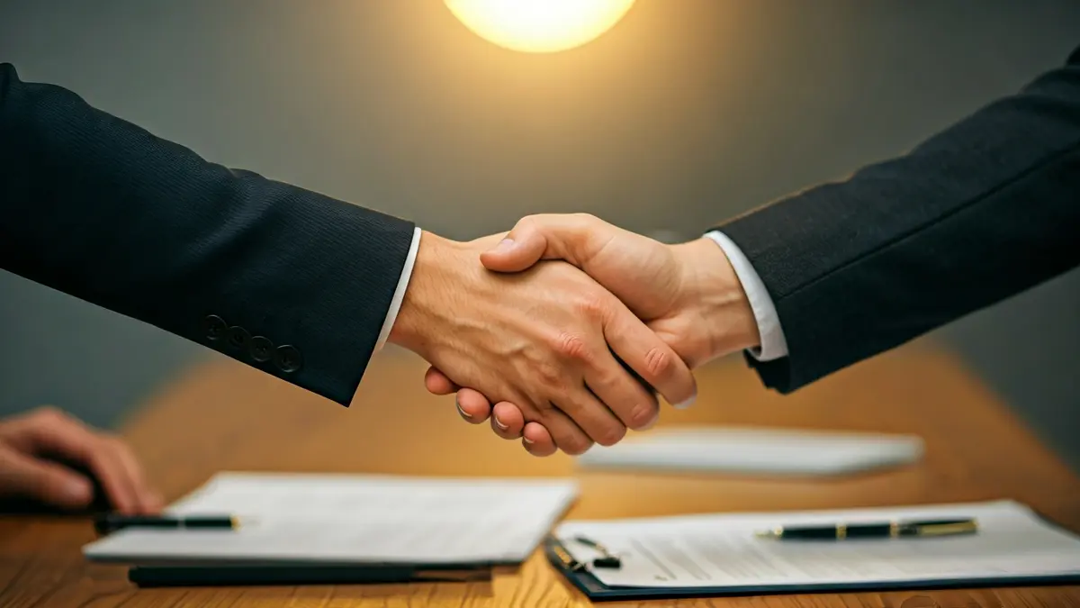 Generic image of two hands shaking over paperwork, symbolizing a business agreement or continuity.