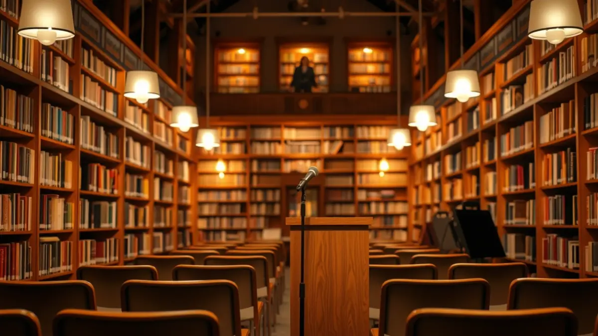 Imagen genérica de una biblioteca con estanterías de madera y un atril con micrófono, con una iluminación cálida.