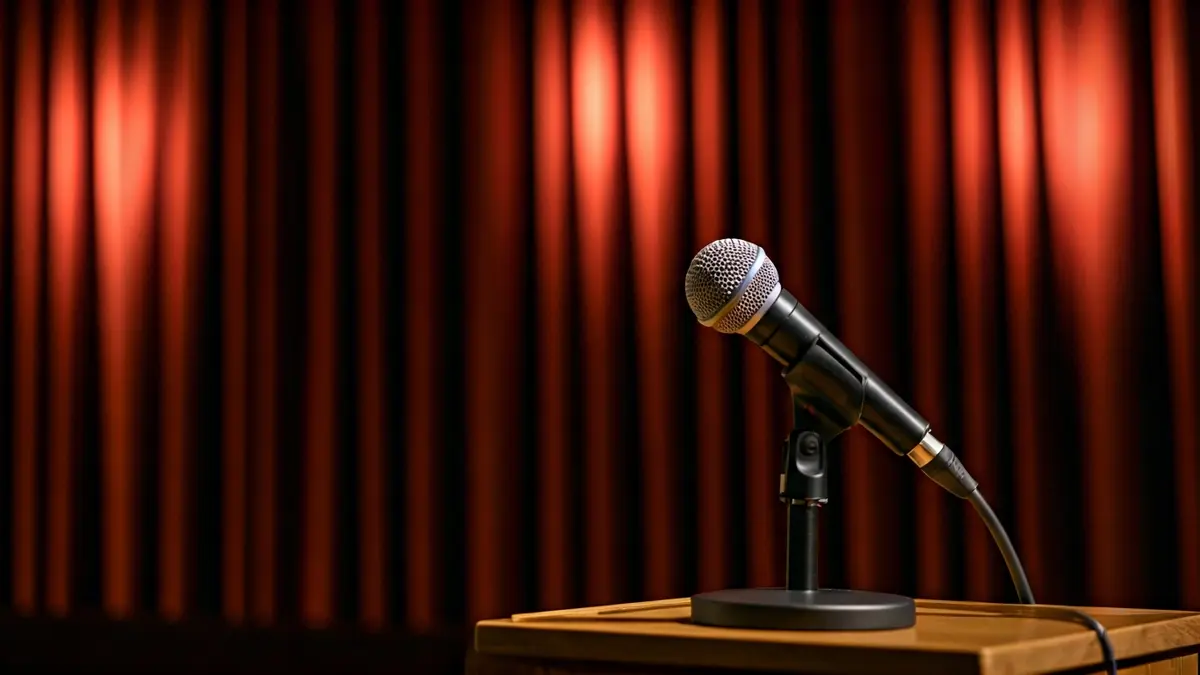 Generic image of a microphone on a theater stage, with red curtains in the background.