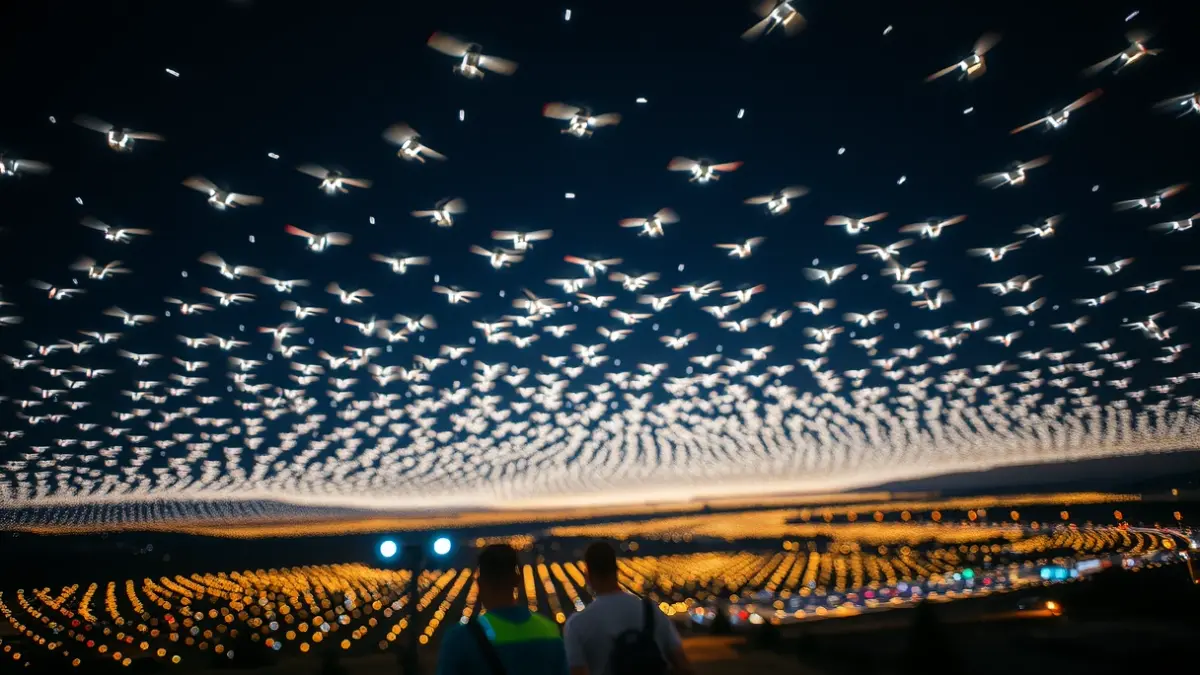 Image of an illuminated drone show in the night sky, forming figures over a circuit.