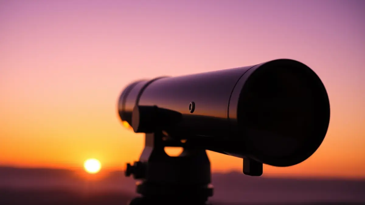 Imatge d'un telescopi apuntant cap a la posta de sol amb muntanyes al fons, cel ataronjat i morat.