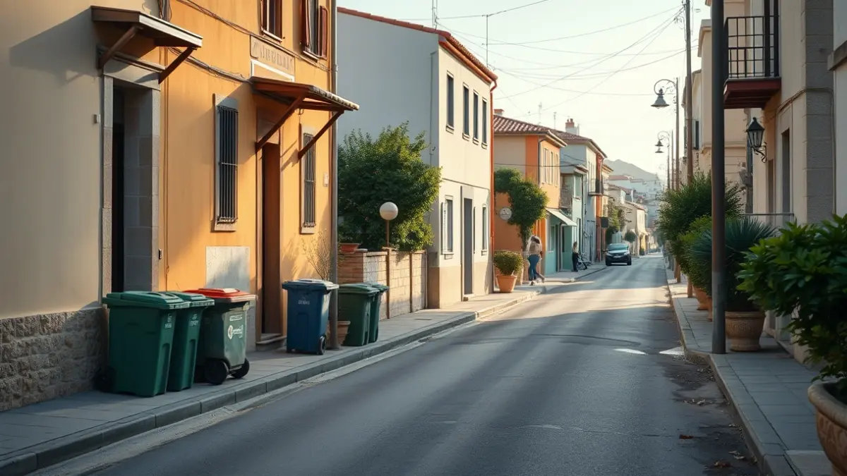 Imatge genèrica de contenidors de residus en un carrer residencial d'un poble mediterrani.