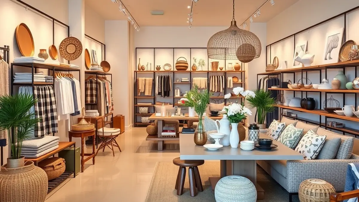 Generic image of a home decor store with textiles and tableware.