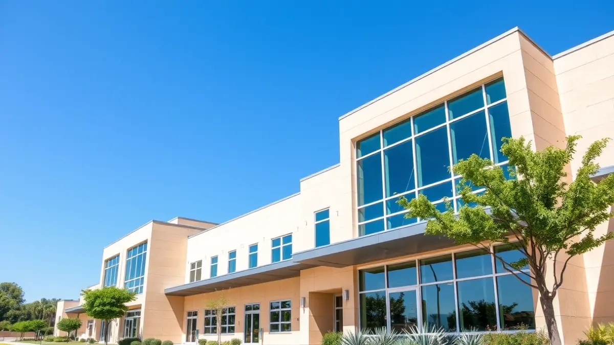 Imagen de un edificio escolar moderno con elementos de diseño sostenible, representando un nuevo centro educativo.