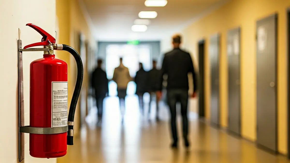 Generic image of a fire extinguisher in a school hallway, with a blurred emergency exit sign in the background.
