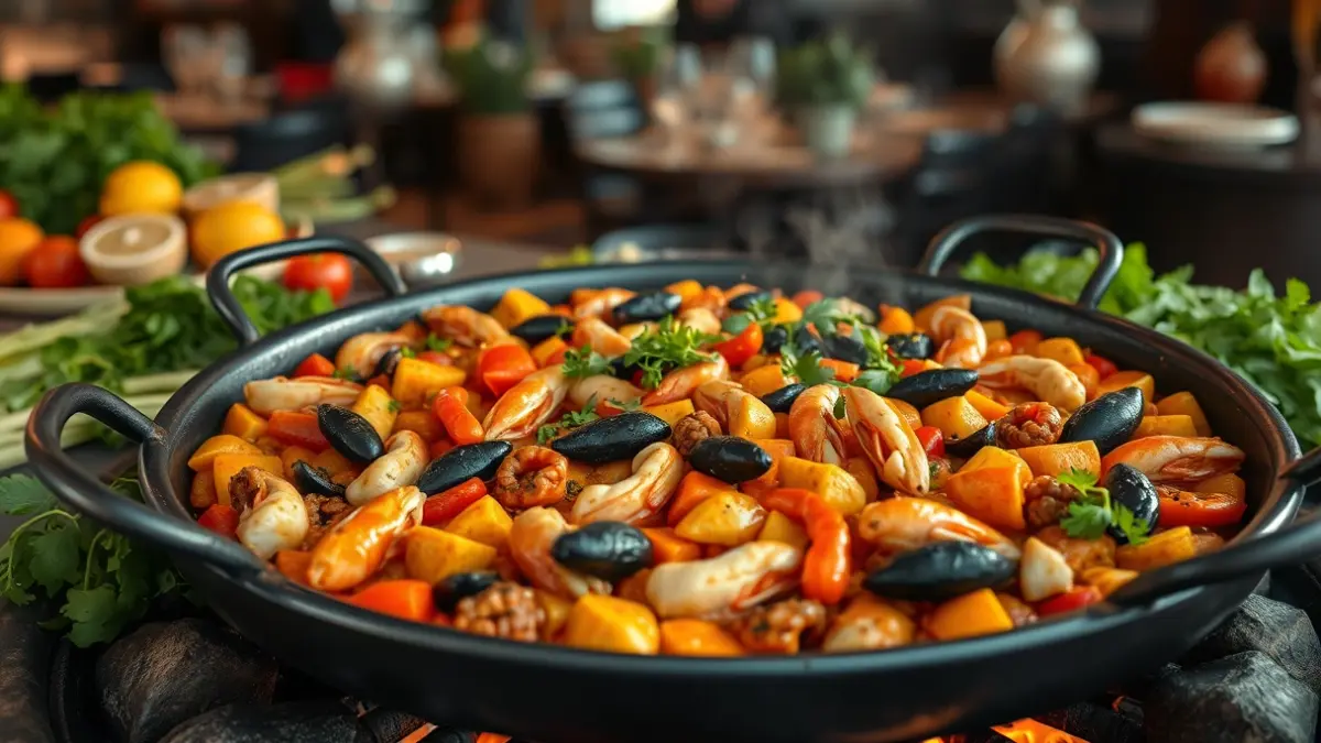 Generic image of a Valencian paella cooking, with fresh ingredients around.
