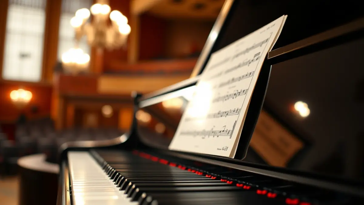 Generic image of a grand piano keyboard on a stage with warm lighting.