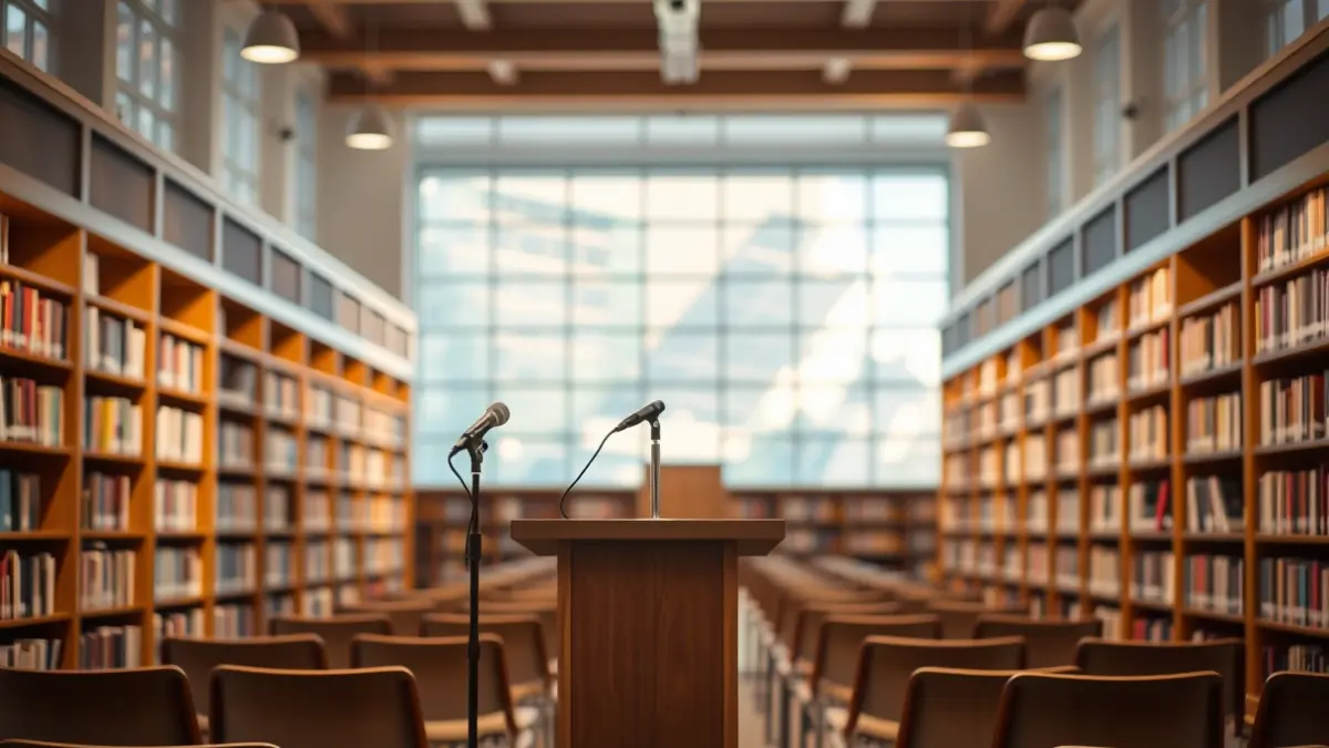 Imatge genèrica d'una sala de conferències o biblioteca amb un micròfon en un faristol.