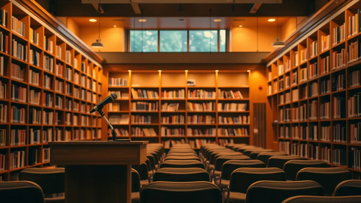 Imagen genérica de un interior de biblioteca con estanterías de madera y un micrófono en un podio.