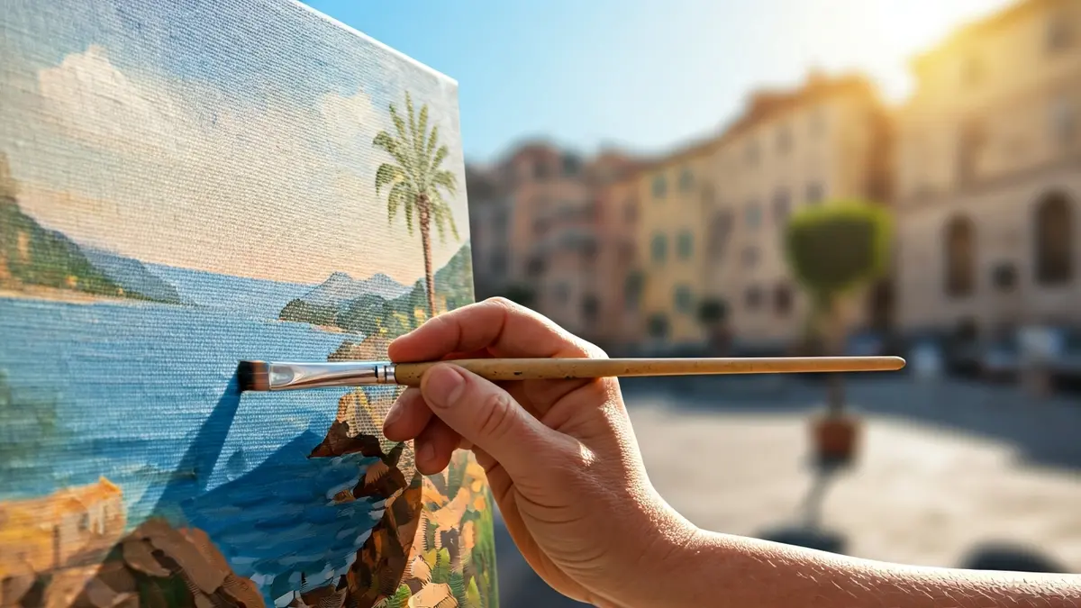 Generic image of an artist's hand painting a Mediterranean landscape.