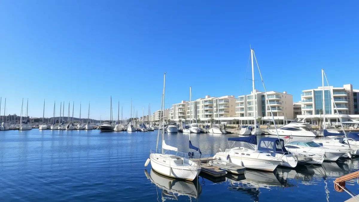 Image of Marina El Portet in Dénia with docked boats and modern buildings.