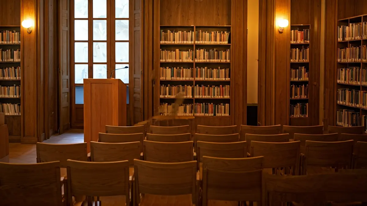 Generic image of a presentation hall or library with a microphone and empty chairs.