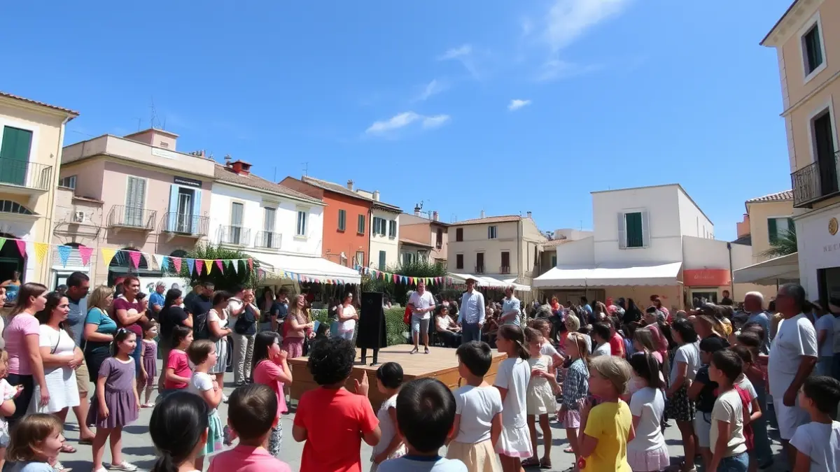 Imagen de un encuentro cultural con gente y decoración festiva en una plaza.