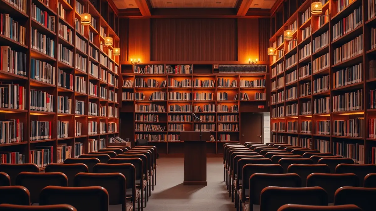 Imatge genèrica d'una biblioteca amb prestatgeries de fusta i un faristol amb micròfon, amb una il·luminació càlida.