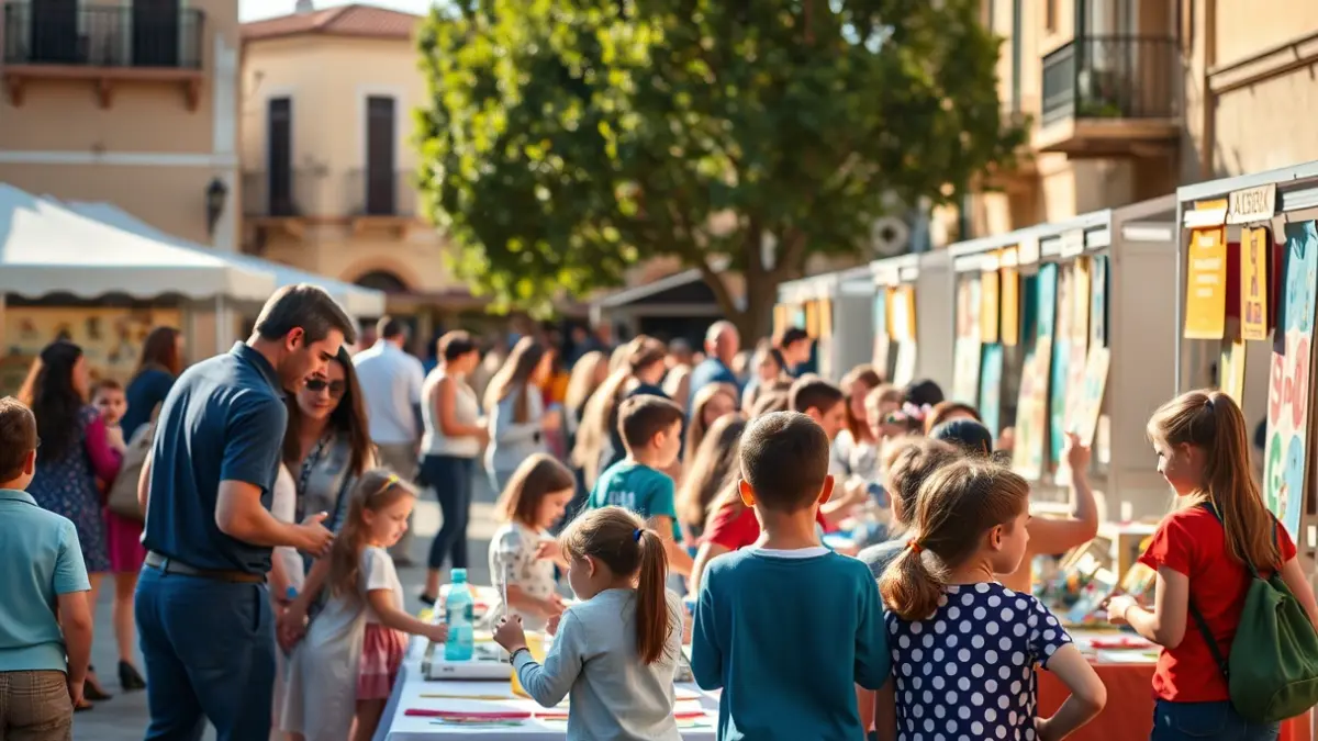 Imatge d'una fira educativa amb xiquets i famílies participant en activitats lúdiques i formatives en una plaça.
